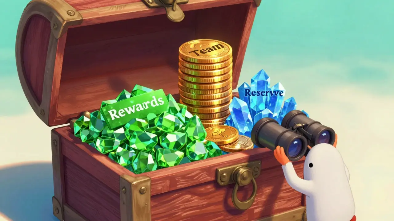 An open treasure chest containing color-coded token piles in a Pixar style