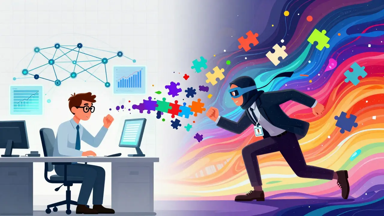 Analyst tracing blockchain paths while a disguised thief sprints away with puzzle pieces
