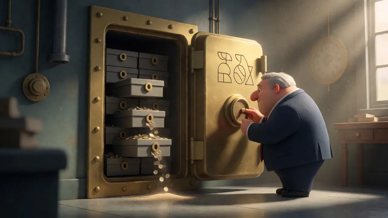 Animated investor unlocking a safe revealing structured token distribution