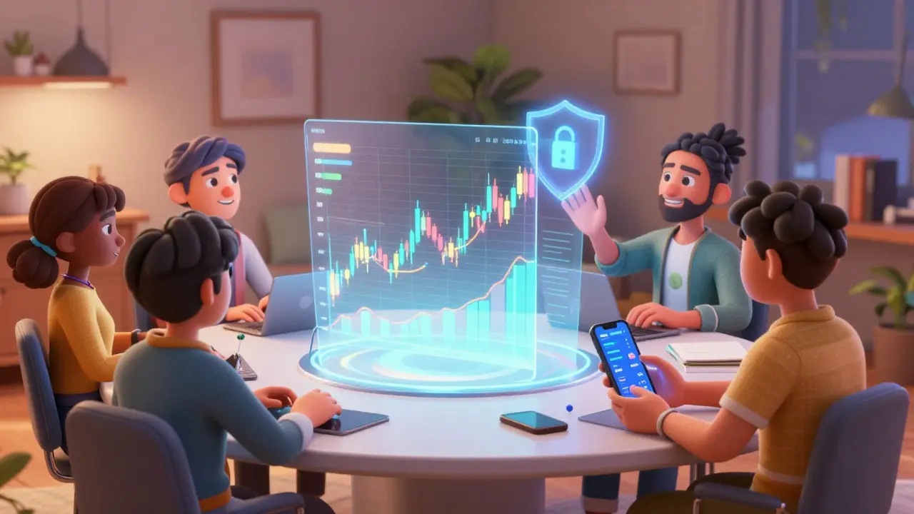Animated people analyzing holographic trading charts in a modern room
