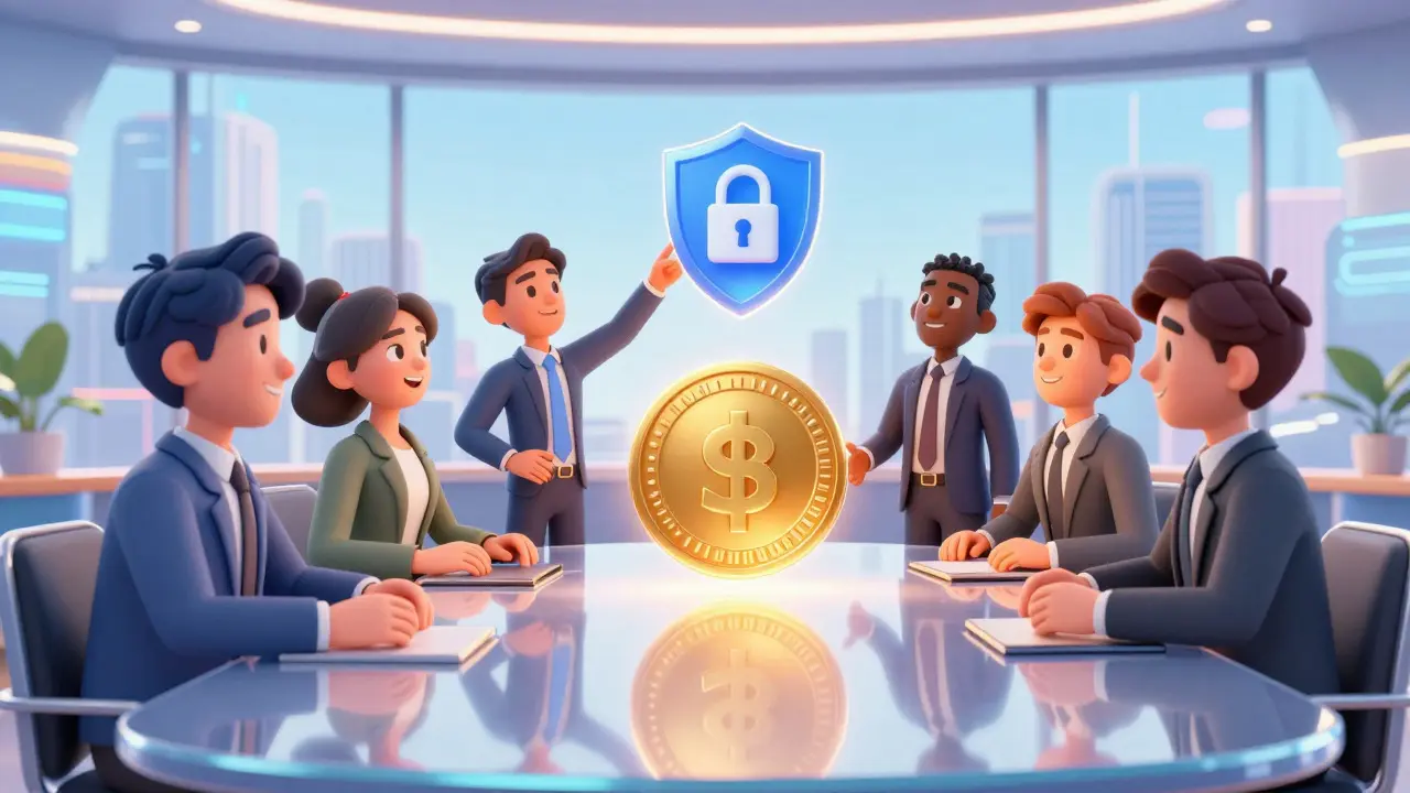 Business professionals collaborating around a glowing digital asset token