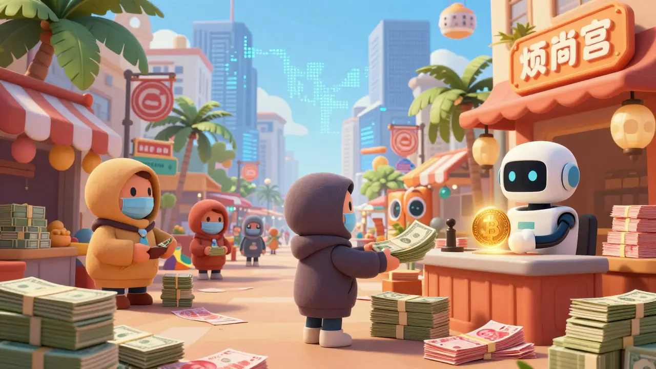 Cartoon characters exchanging cryptocurrency for cash in a bustling, surreal Southeast Asian market