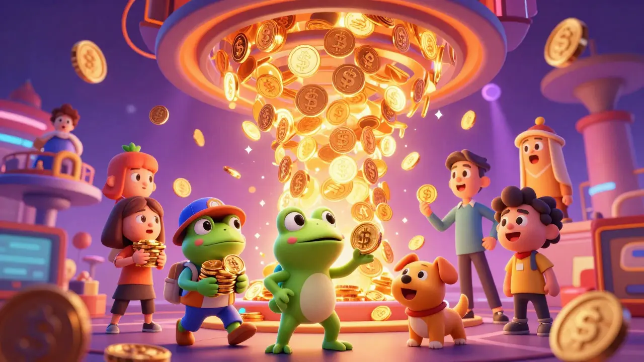 Cartoon characters trading coins in a vibrant, swirling digital marketplace scene