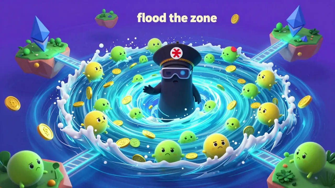 Cartoon crypto tokens swirling in a whirlpool directed by a masked hacker figure.