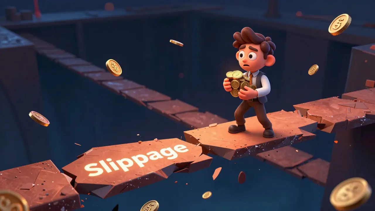 Cartoon trader on a crumbling bridge over a void representing slippage.