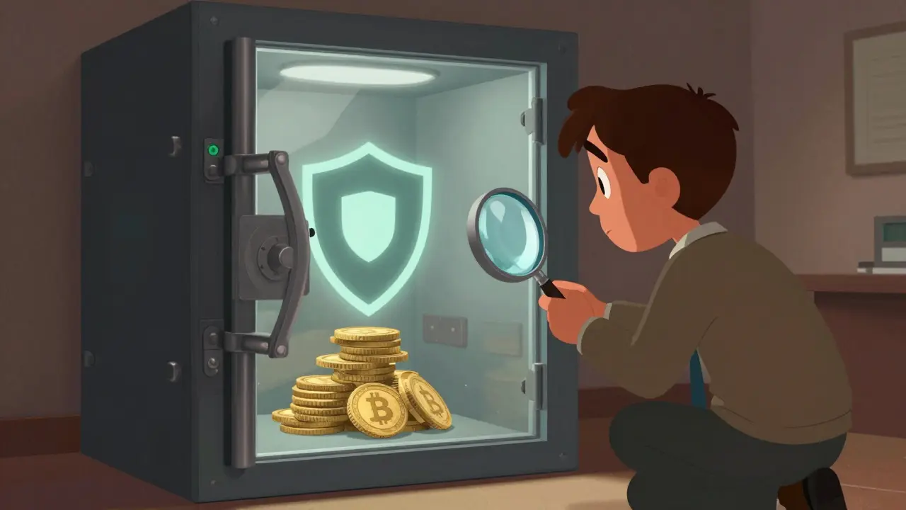 Character inspecting a secure vault with a loose lock mechanism