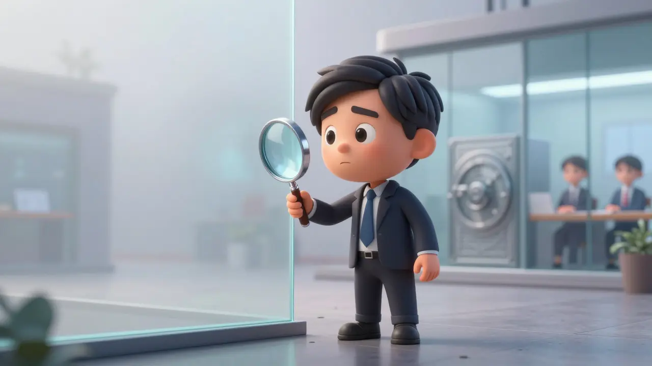Character inspecting opaque security wall with magnifier