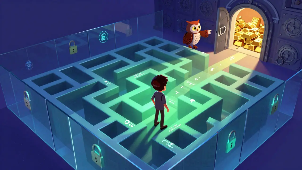 Character navigating a complex regulatory maze with an advisor in a cartoon style