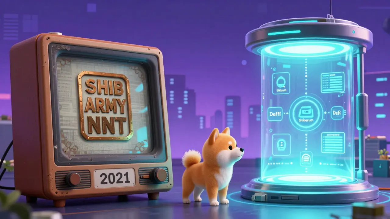 Comparison of old dusty NFT frame versus modern glowing Shibarium tech portal with puppy observer.