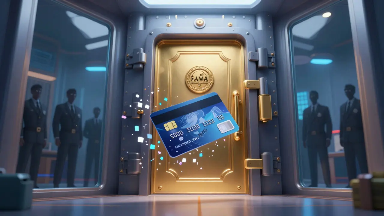 Credit card rejected by invisible barrier at central bank vault
