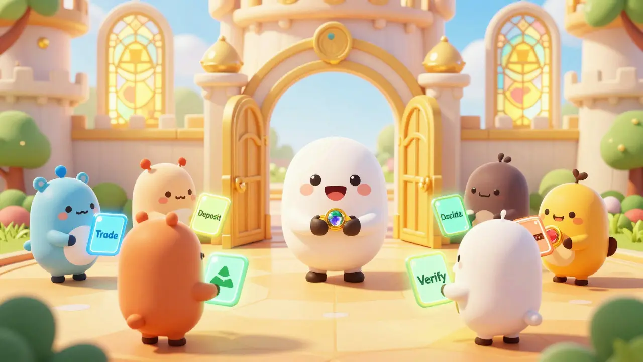 Cute avatars collecting shiny BINO tokens at a friendly exchange hub
