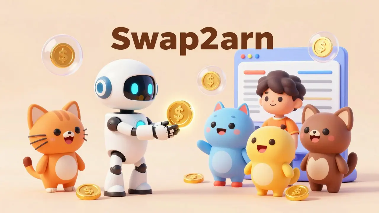 Cute characters earning rewards while swapping tokens