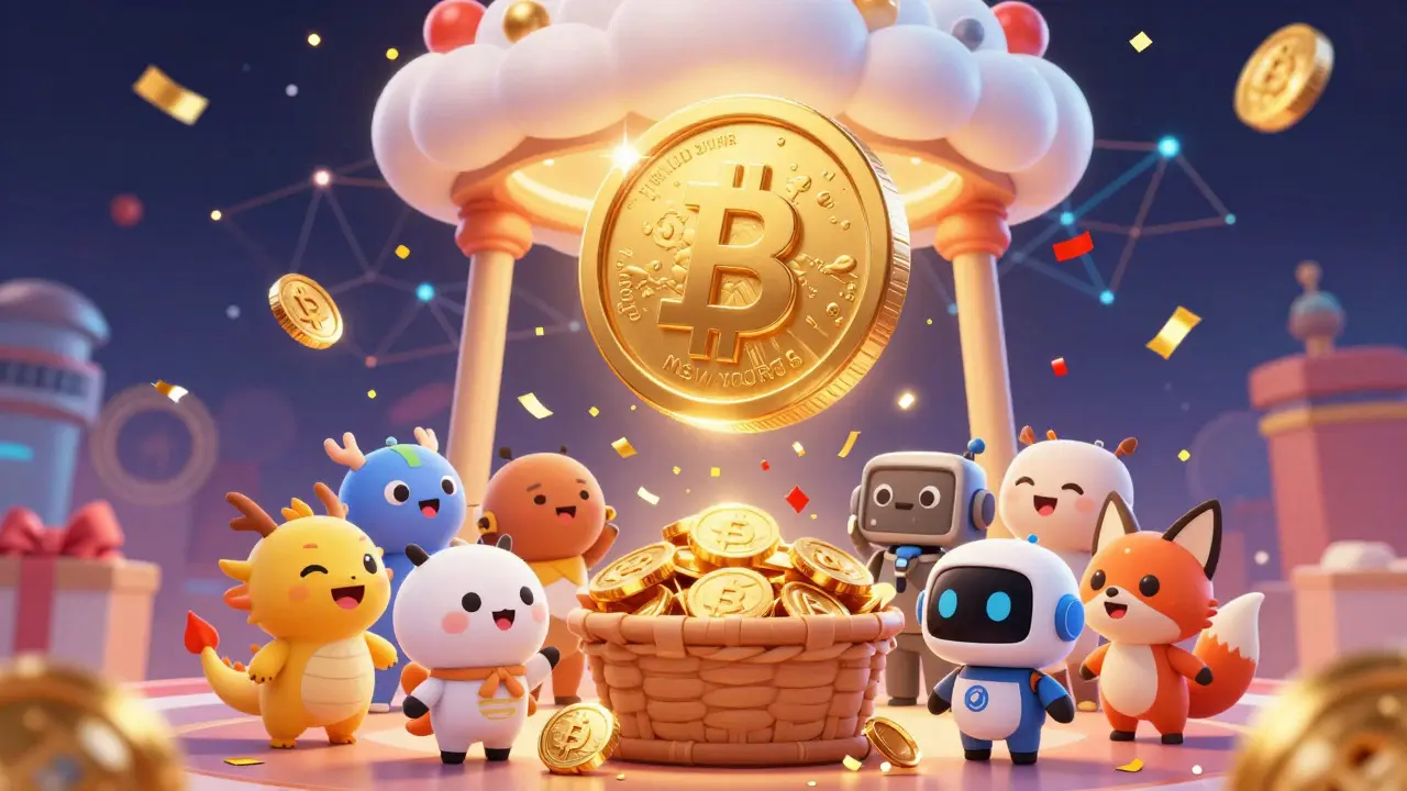 Cute characters receiving golden tokens in a festive digital scene