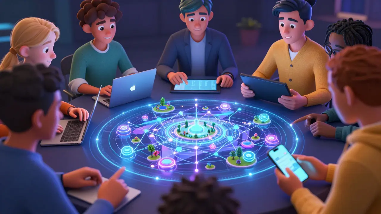 Developers and artists collaborating around a holographic blockchain map