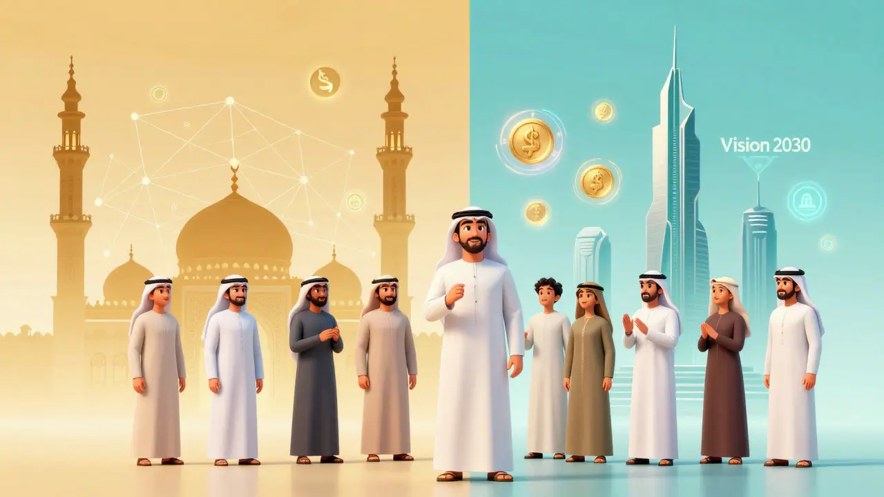 Digital blockchain merging with mosque and future city towers