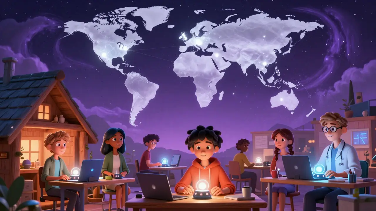 Diverse people running nodes worldwide with a translucent map showing distribution