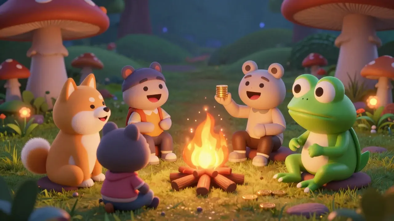 Friendly animal avatars sharing stories and tipping coins around a glowing digital campfire