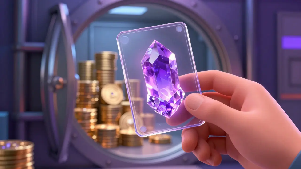 Hand holding a glowing purple crystal token with a vault background