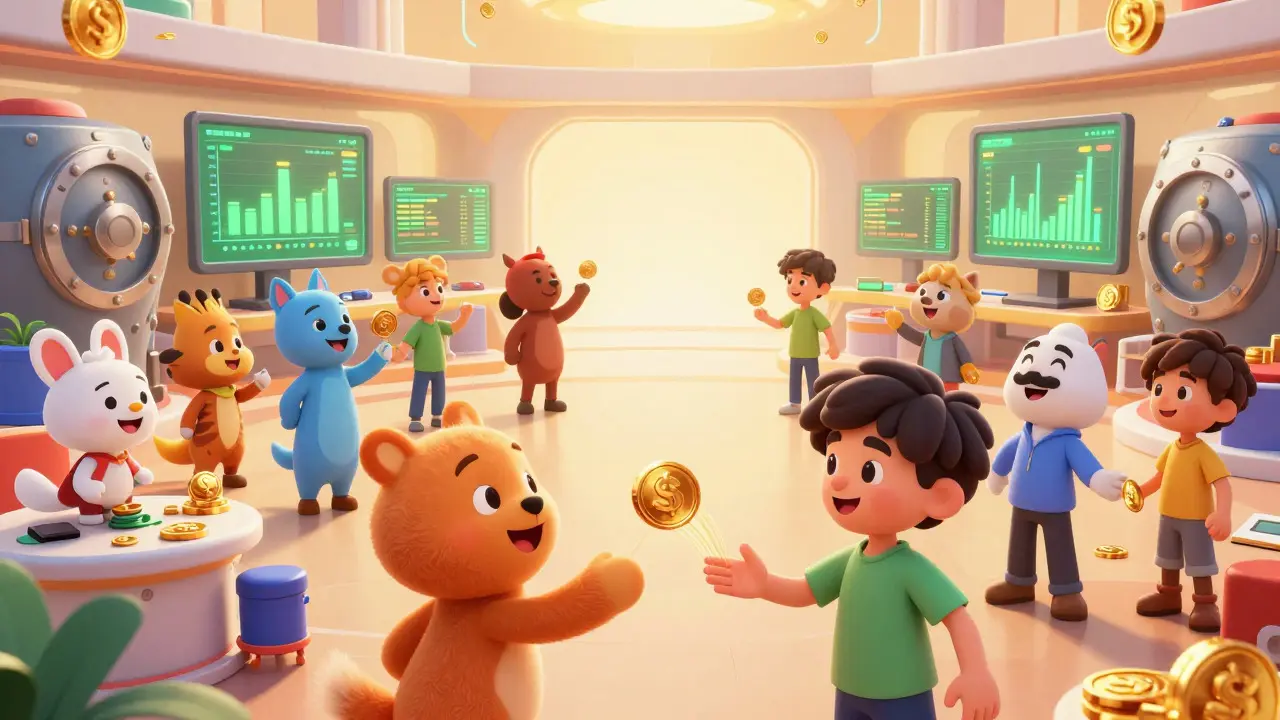 Happy characters trading safely in a vibrant, secure digital hub.