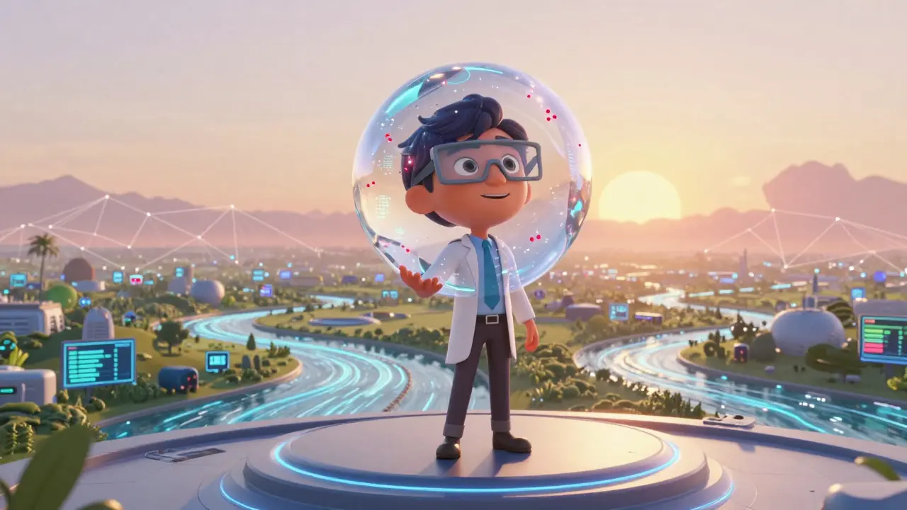Heroic analyst holding a crystal sphere of data against a futuristic digital sunrise.
