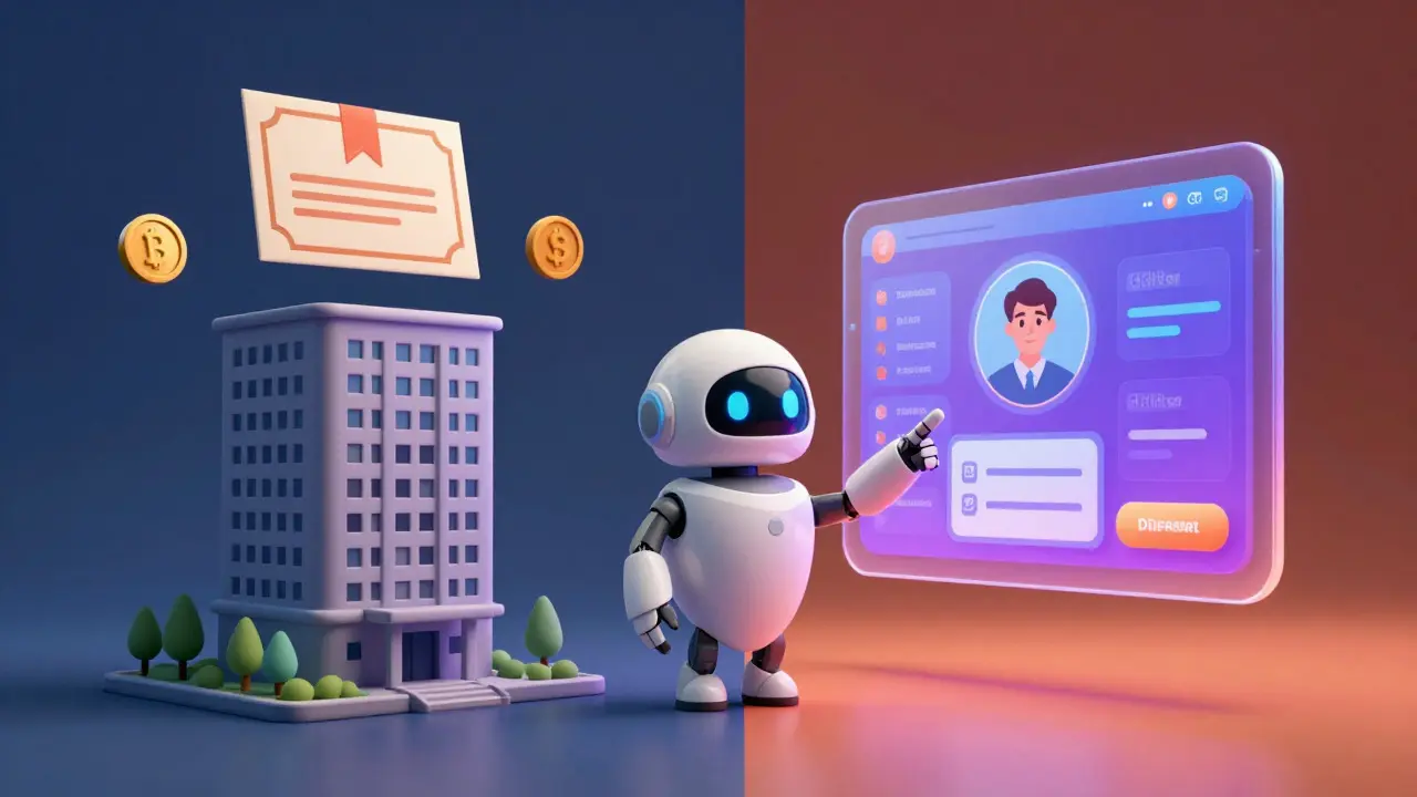 Illustration comparing a corporate building with a digital service portal and a robot guide.