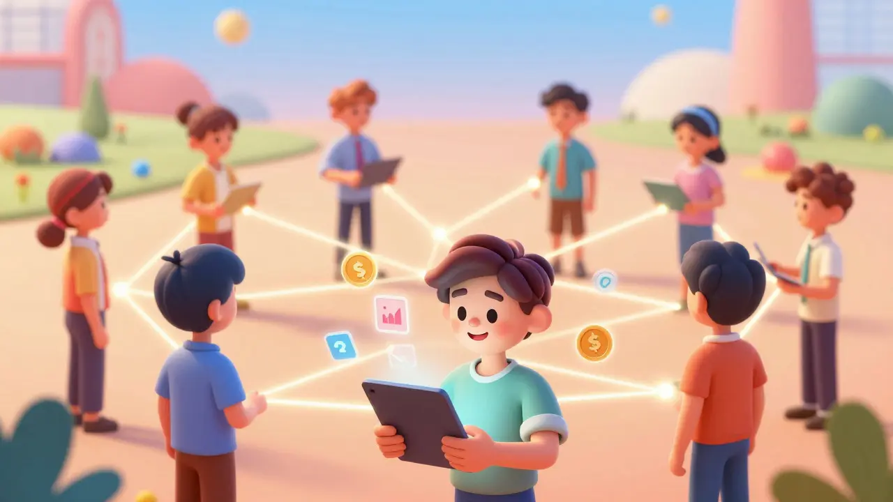 Illustration of connected avatars sharing trading strategies socially