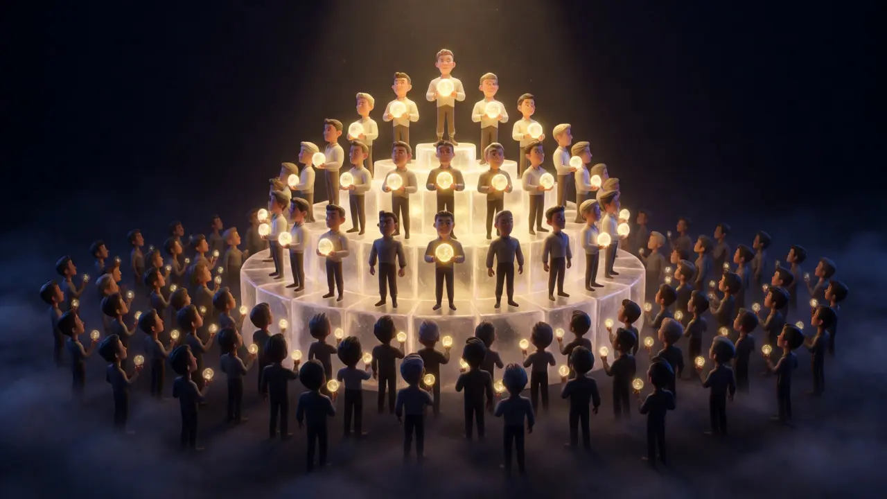 Ninety-six validators standing on a crystal podium, radiating gold reward light.