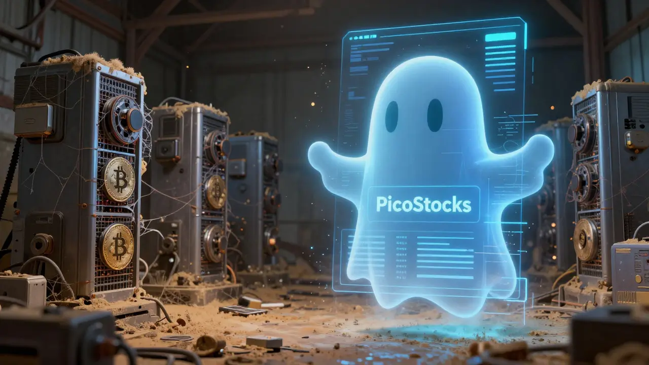 Obsolete mining hardware in a warehouse with a glitching PicoStocks hologram