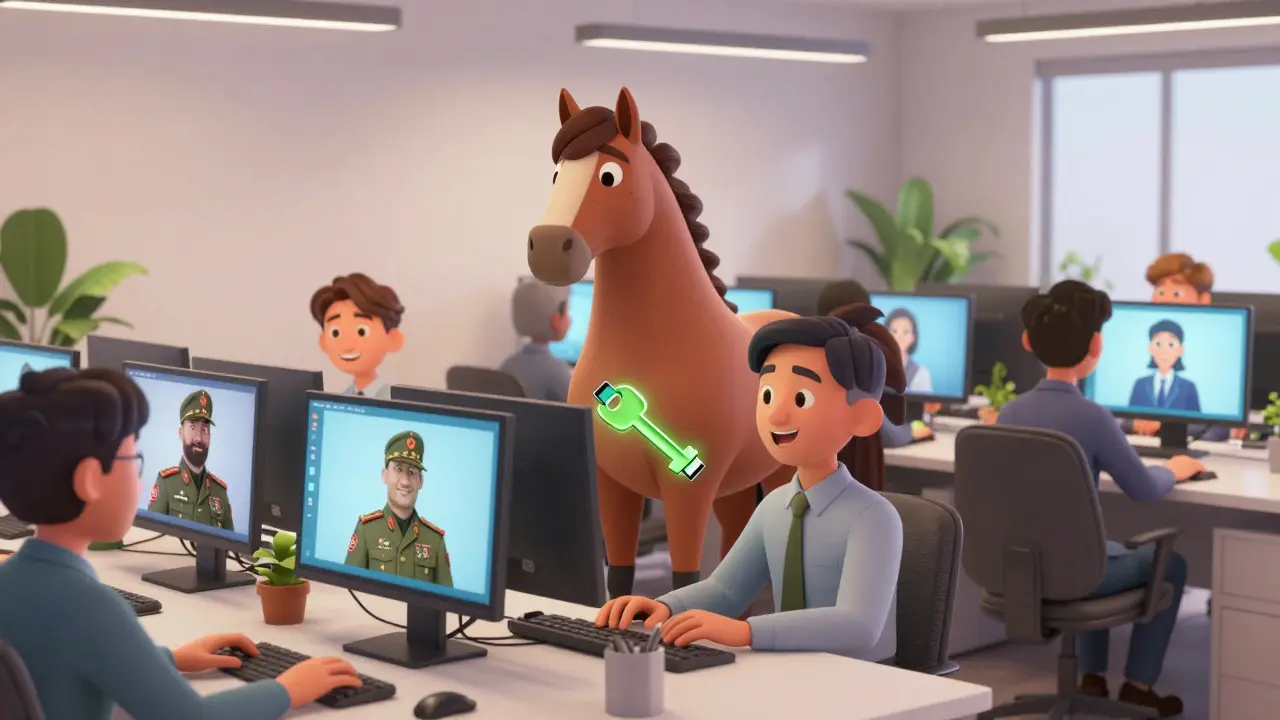 Office workers with secret military identities collaborating in a bright, modern tech workspace