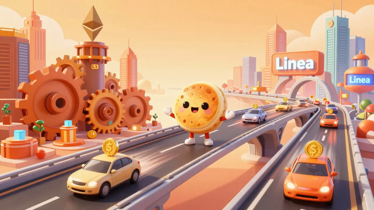 PancakeSwap mascot guiding users across a fast Linea bridge