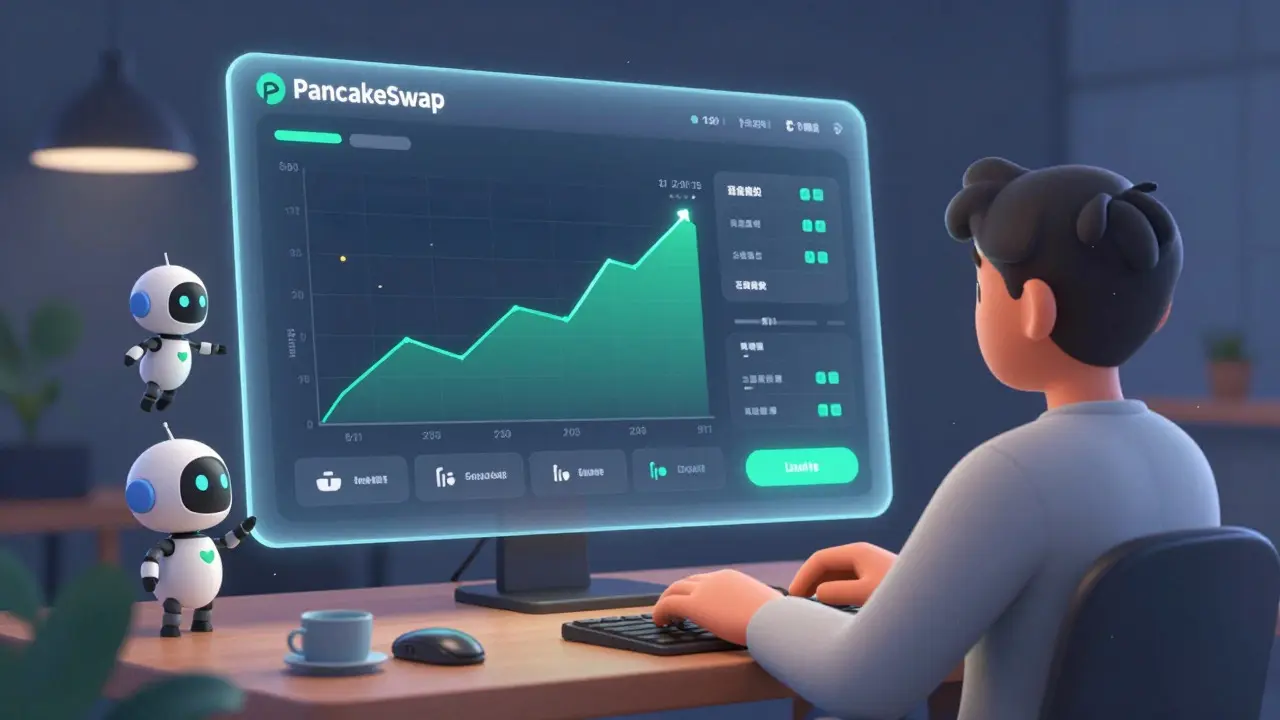 Relaxed user managing trades on a clean DeFi interface