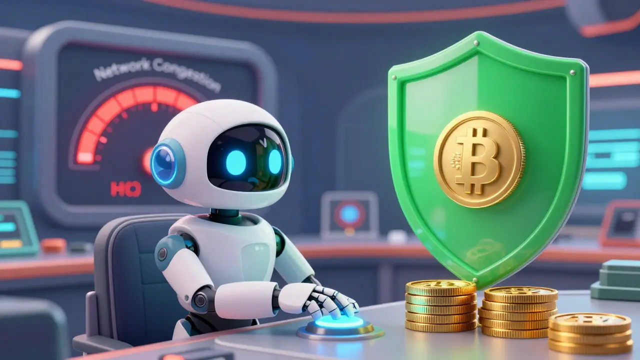 Robot assistant helping a user balance network fees and tax costs in a control room