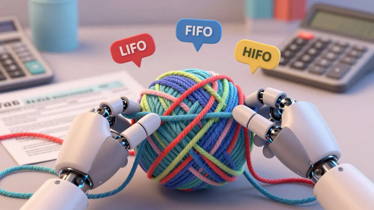 Robotic hands untangling a colorful ball of yarn representing complex financial records