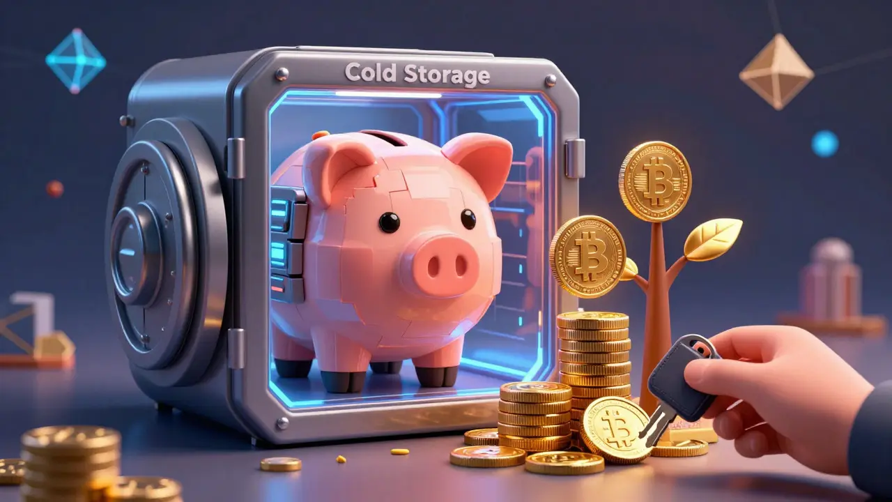 Secure vault with growing crypto tree symbolizing staking rewards