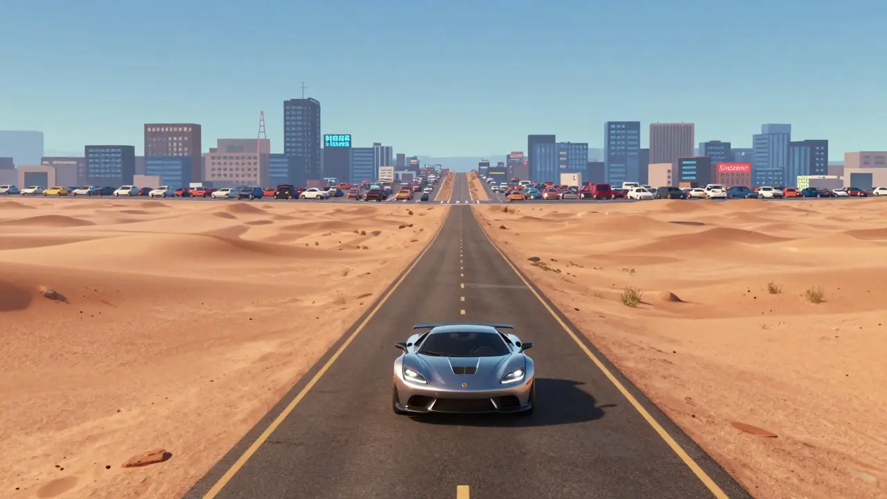 Shiny car on empty desert road vs busy highway in distance