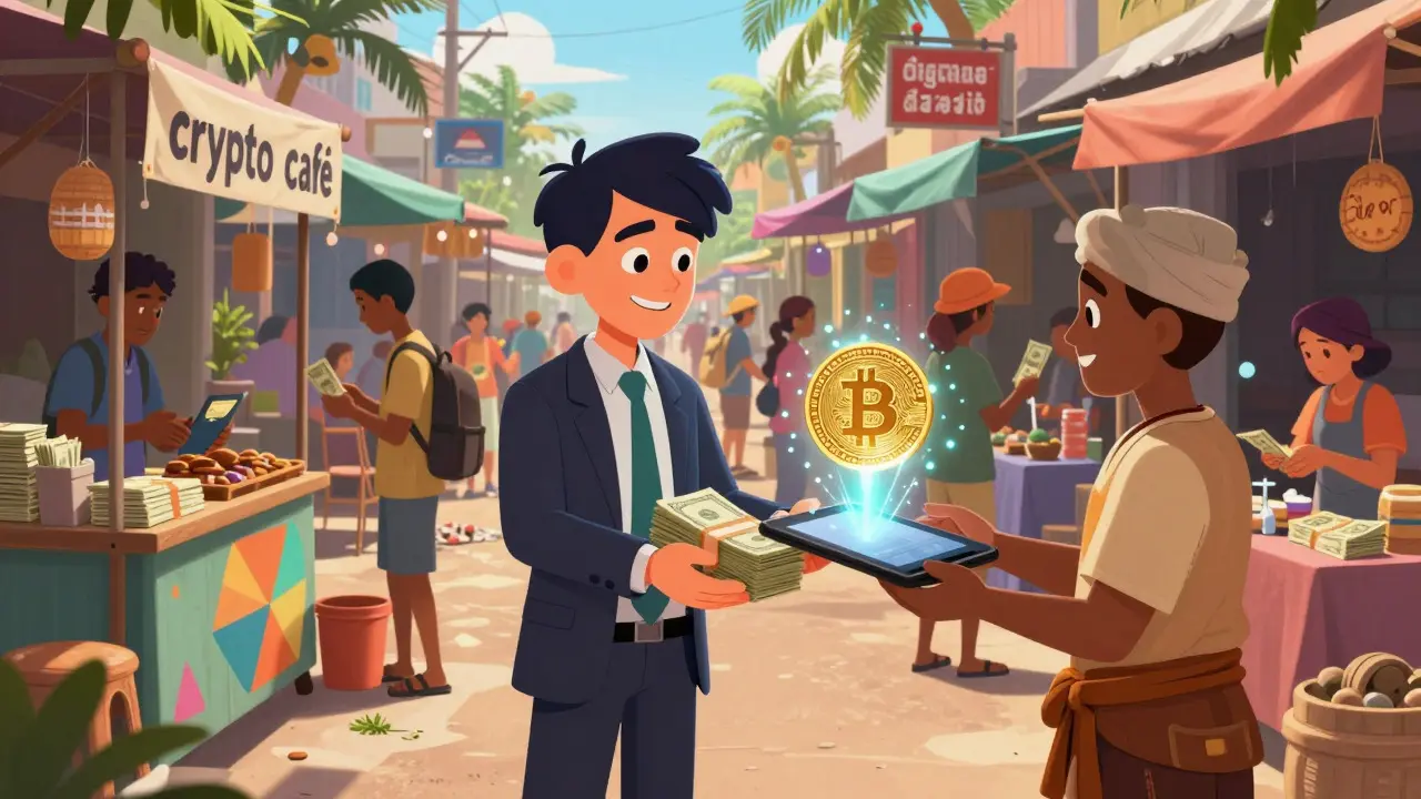 Street market scene where a man exchanges dollars for a holographic bitcoin symbol