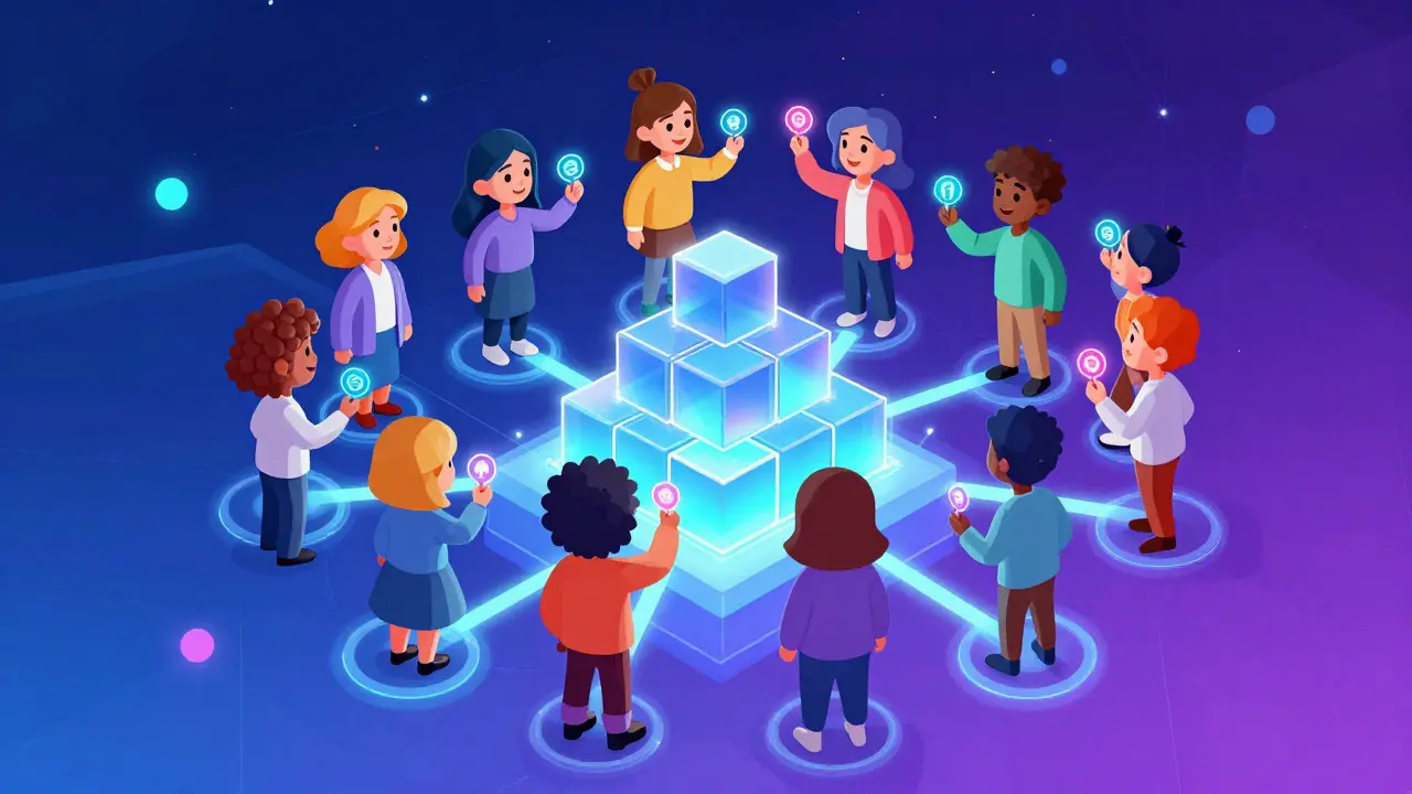 Stylized characters collaborating on a glowing blockchain platform