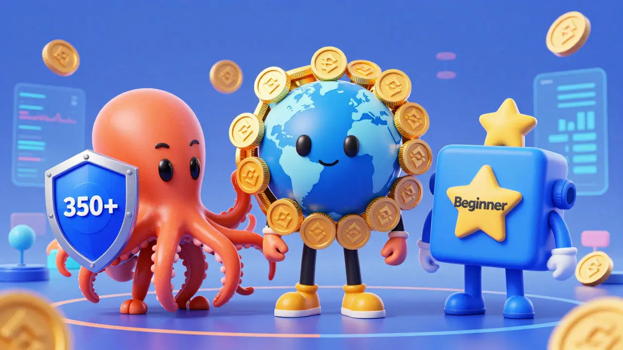 Stylized mascots representing Kraken, Binance, and Coinbase exchanges