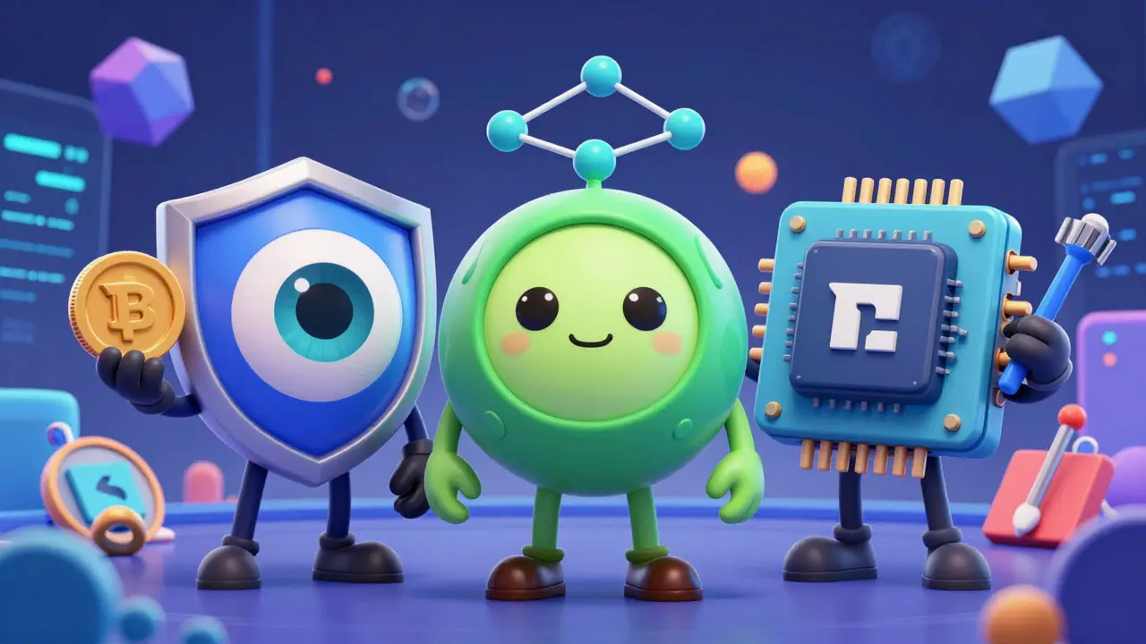 Three friendly mascots representing different crypto utilities in a digital landscape.