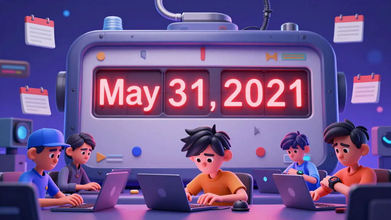 Urgent countdown clock for May 2021 airdrop deadline with anxious cartoon users checking devices.