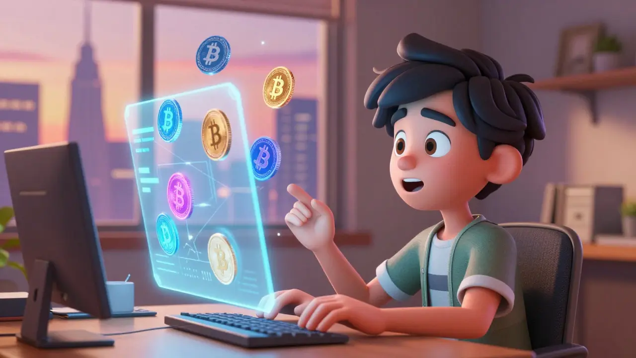Young person excitedly viewing floating cryptocurrency holograms in a room