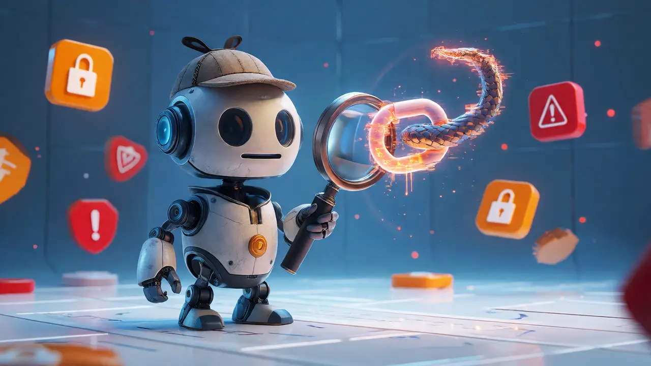 A robot detective inspecting a suspicious link with a magnifying glass.