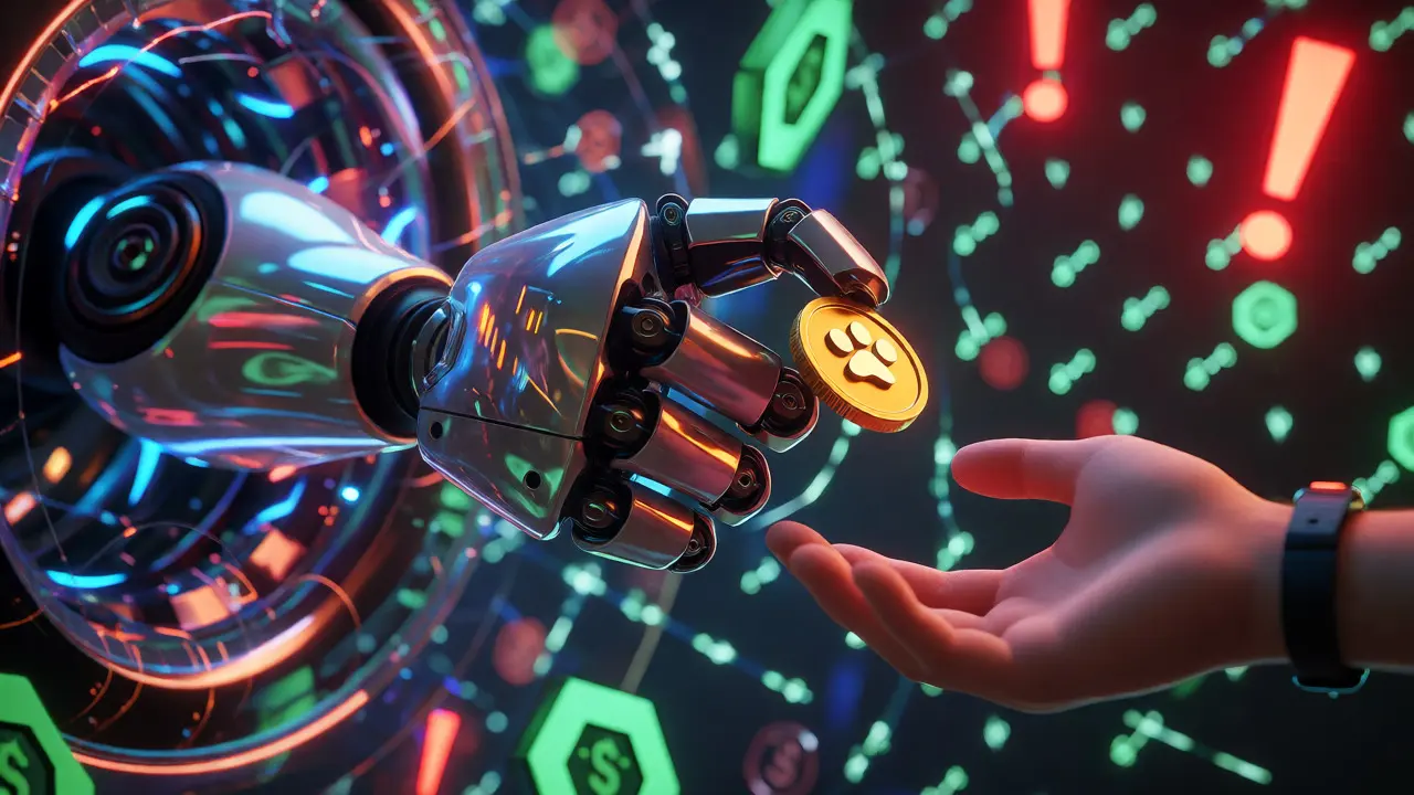 A robotic arm offers a gold token to a hesitant hand amidst digital data streams.