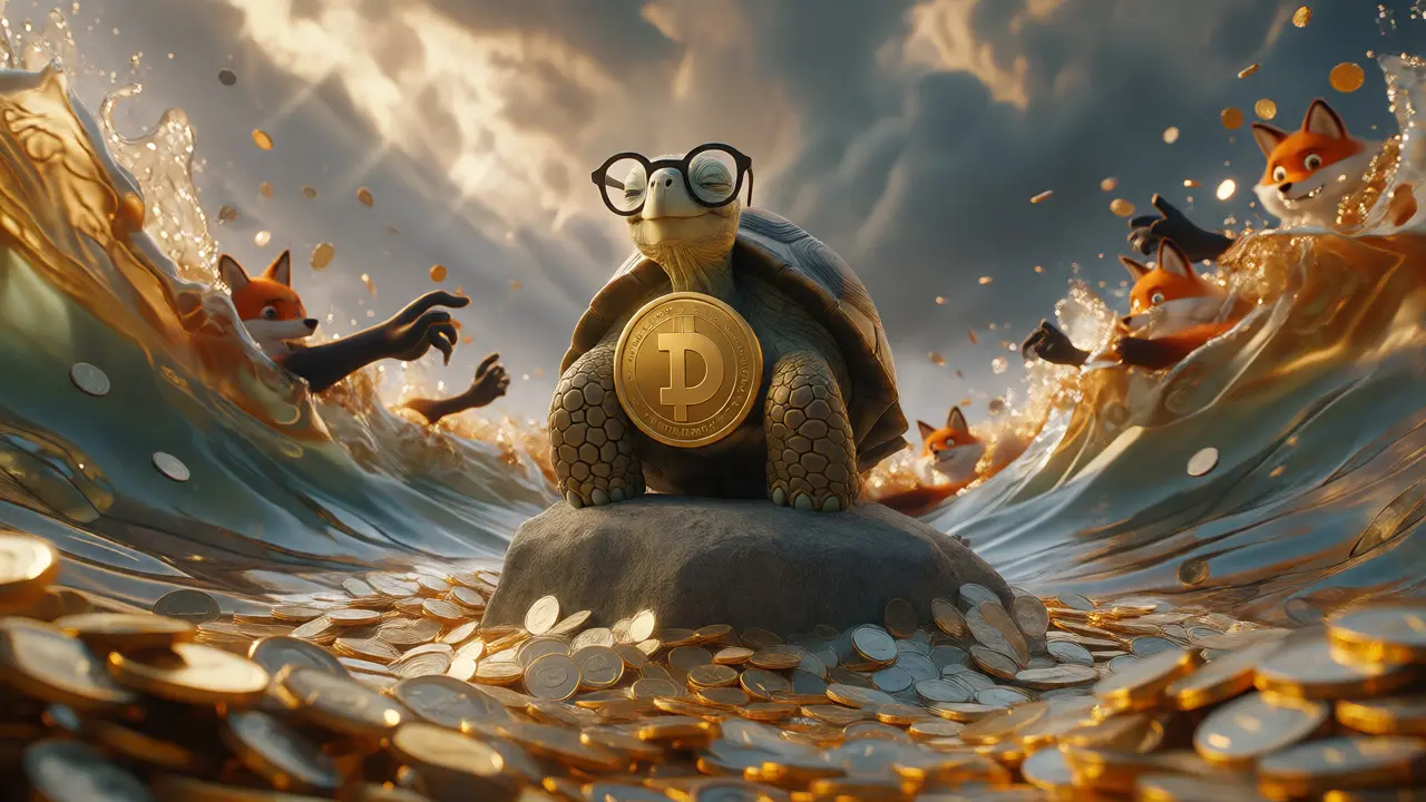 A wise tortoise with a shield stands on a rock island surrounded by a sea of coins.
