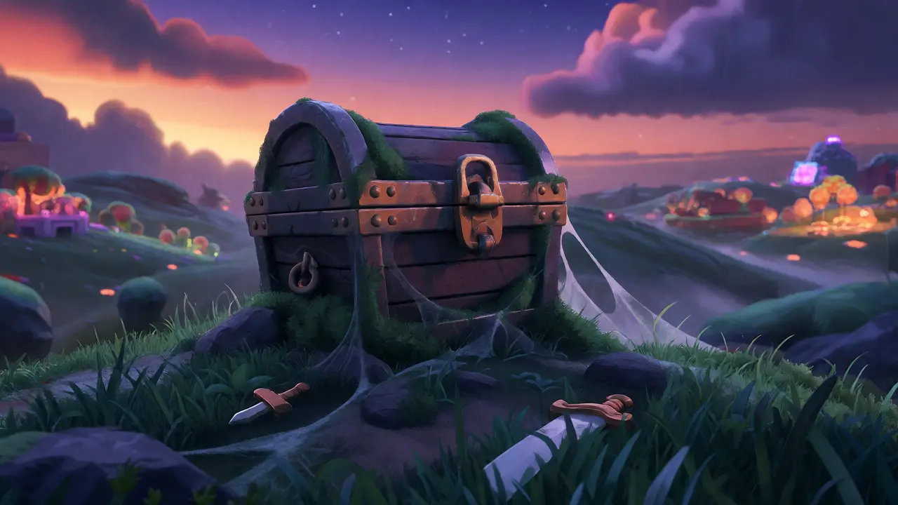 Abandoned dusty treasure chest on a grassy hill at twilight