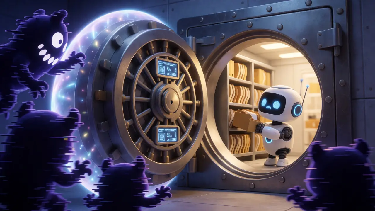 An AI robot securing a digital vault against glitch monsters in a Pixar-style illustration.