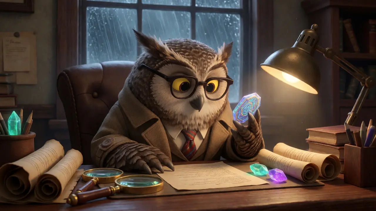 An owl detective examining a crystal token in a cozy, well-lit office.