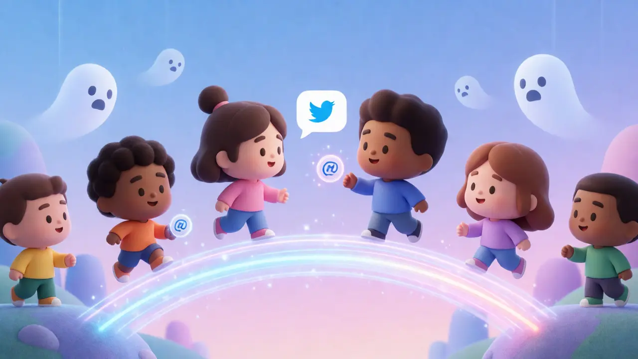 Animated avatars exchanging tokens via social handles across a light bridge