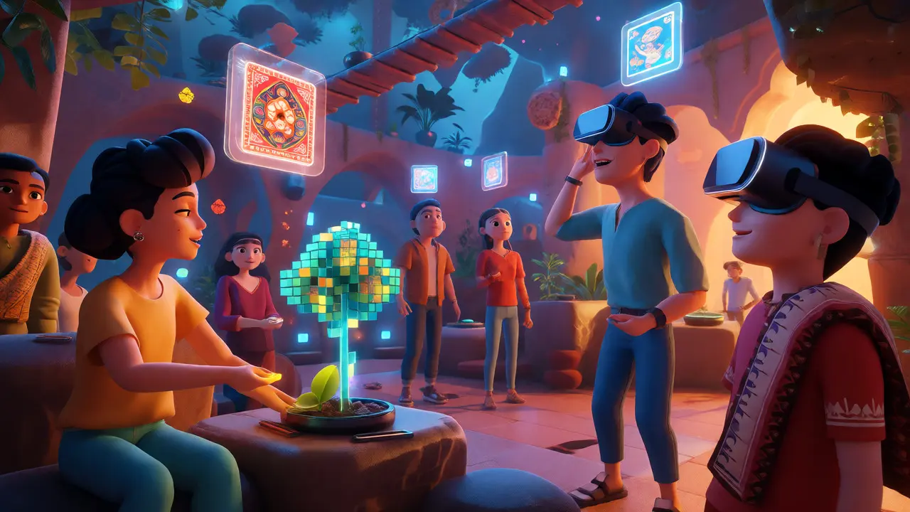 Avatars exploring a vibrant virtual reality hub filled with glowing cultural NFTs.