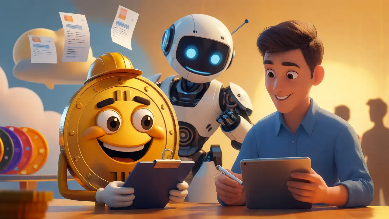 Bitcoin mascot helping user organize crypto tax records